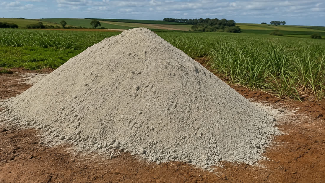 Pilha de silicato de cálcio e magnésio descarregado na beira da lavoura, material moído de cor clara.